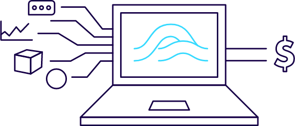 Illustration of a computer and various icons that represents integrated ERP Software.