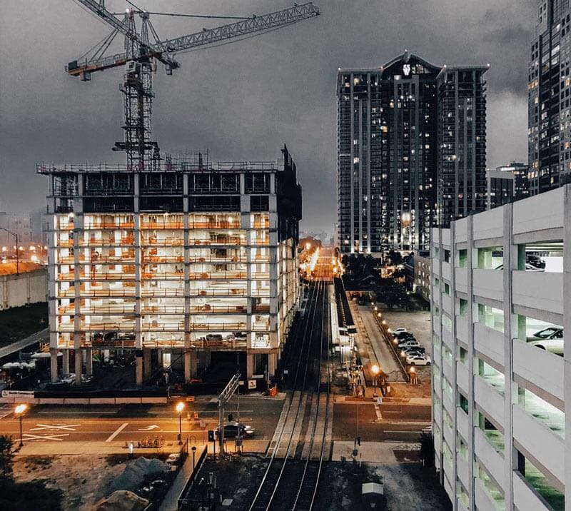 High rise buildings at dusk